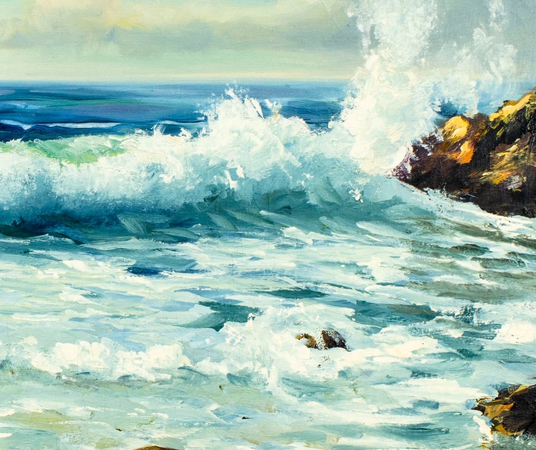 A seascape painting of crashing waves against a rocky shore under a cloudy sky.