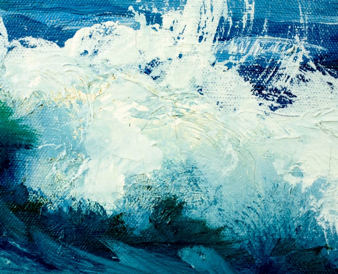 A seascape painting of crashing waves against a rocky shore under a cloudy sky.