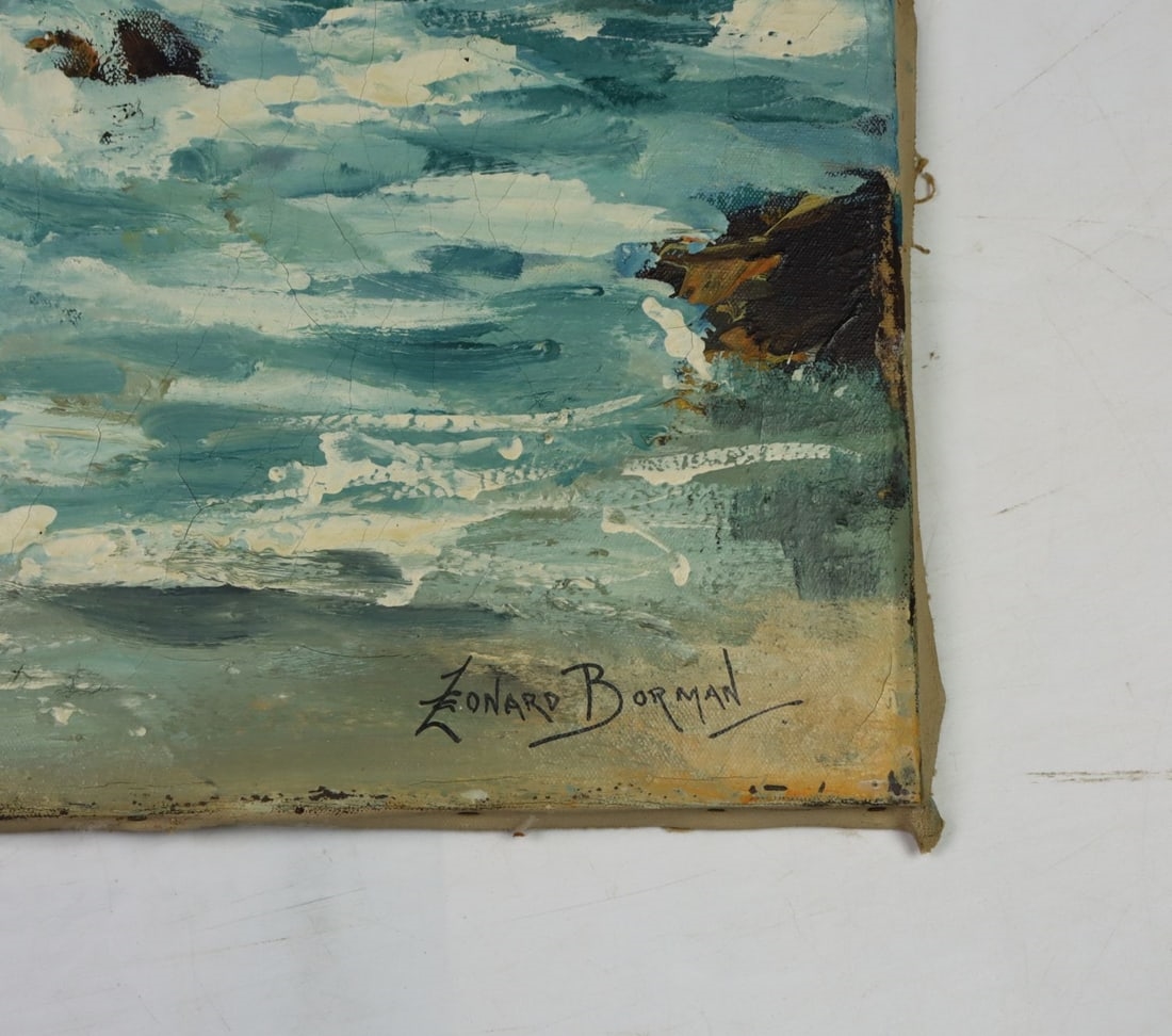 A seascape painting of crashing waves against a rocky shore under a cloudy sky.