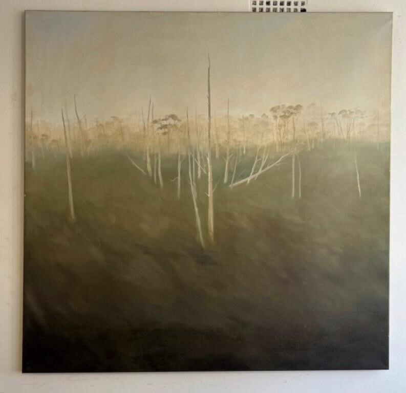 A misty landscape painting of a desolate field with skeletal trees under a hazy sky.