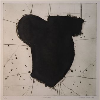 A bold black abstract shape dominates a white background marked by faint lines and scattered dots.