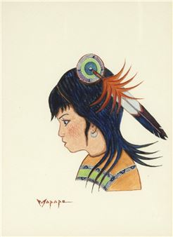 A profile portrait of a figure with dark hair, adorned with a circular ornament and feathers.