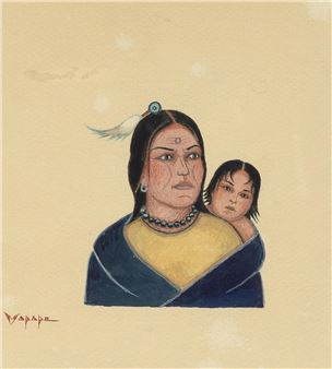 A portrait of a woman carrying a child, rendered in soft watercolor with earthy tones and a serene mood.