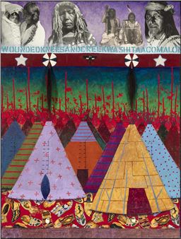 A vibrant, layered collage depicting a ceremonial gathering with figures and teepees.