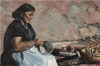 A contemplative figure in a dark top and white skirt sits before a textured wall, washing a bowl.