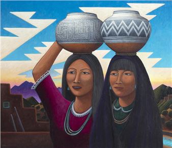 A vibrant painting of two figures balancing patterned pots on their heads against a stylized landscape.