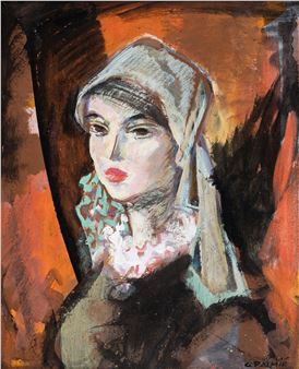A portrait of a figure in a headscarf against a warm, abstract background.