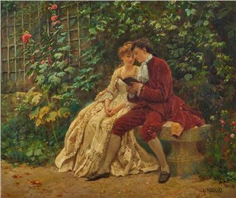 A painting of a man and woman sitting on a bench in a garden.