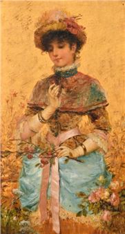 A portrait of a woman in a floral hat holding a bouquet, rendered in an impressionistic style with warm tones.