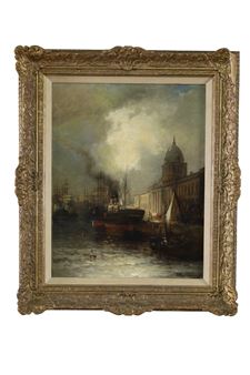 A maritime scene depicting a harbor with ships and a domed building under a cloudy sky.