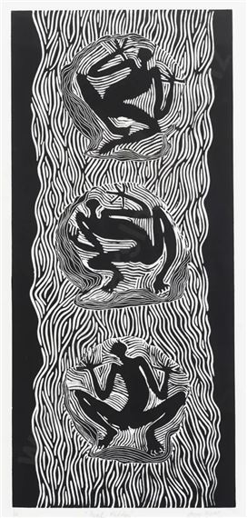 A vertical black-and-white print featuring three silhouetted figures in dynamic poses against a wavy striped background.
