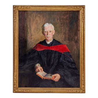 A formal portrait of an elderly figure in academic robes holding a book.