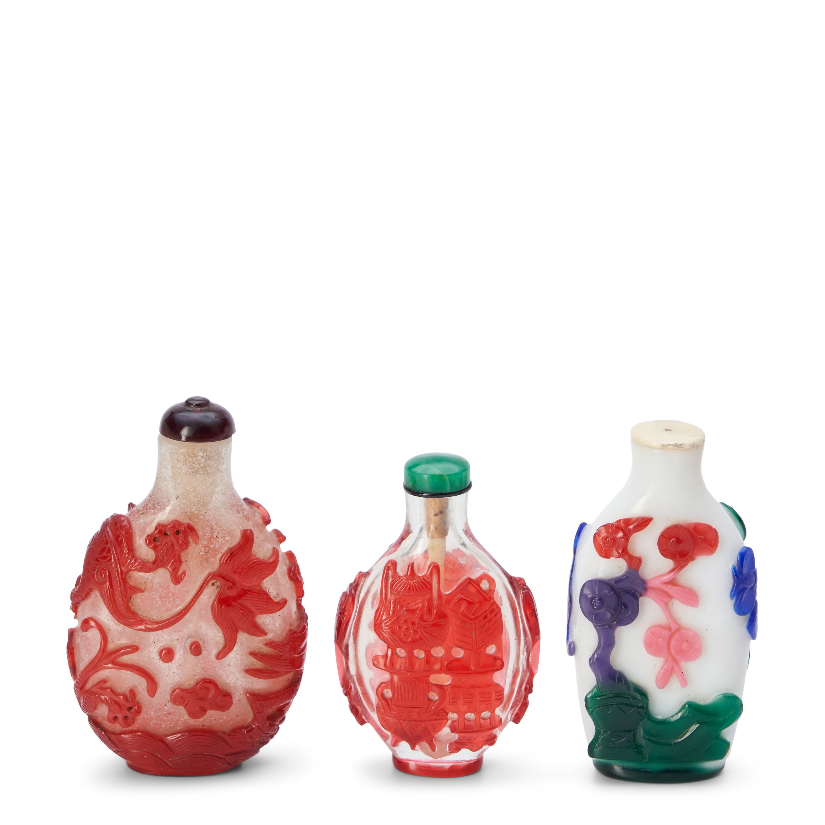 Chinese School | Three Overlay Glass Snuff Bottles | MutualArt