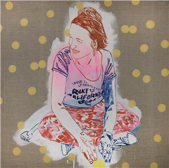 A drawing of a woman sitting on the ground.