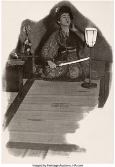 A monochromatic illustration of a figure in traditional robes holding a sword, seated on a wooden floor with dramatic lighting.
