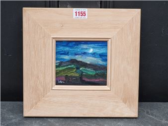 A small landscape painting in a light wood frame featuring a night sky over rolling hills.