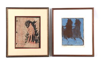 Two framed prints featuring stylized figures in earthy tones against contrasting backgrounds.