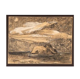 A moody landscape sketch featuring a solitary rock in water under a textured sky with a celestial body.
