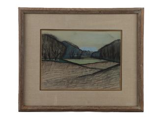 "A framed landscape sketch depicting a valley with dark hills and a plowed field."