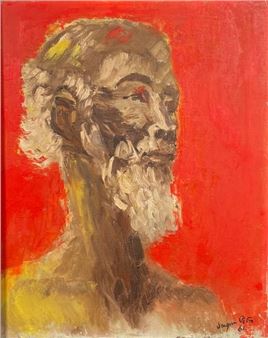 A bold, expressive portrait of a bearded figure against a vivid red background.