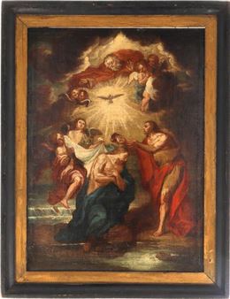 A painting of the ascension of Jesus Christ in a wood frame.