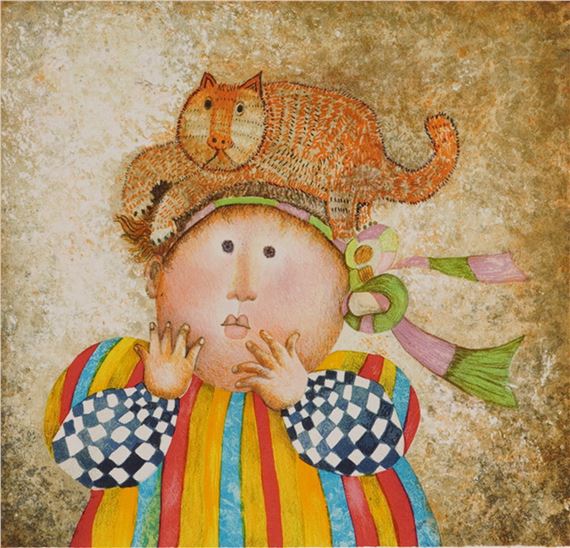 A painting of a girl with a cat on her head.