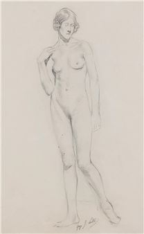 A graphite sketch of a nude female figure standing with one hand near the shoulder.