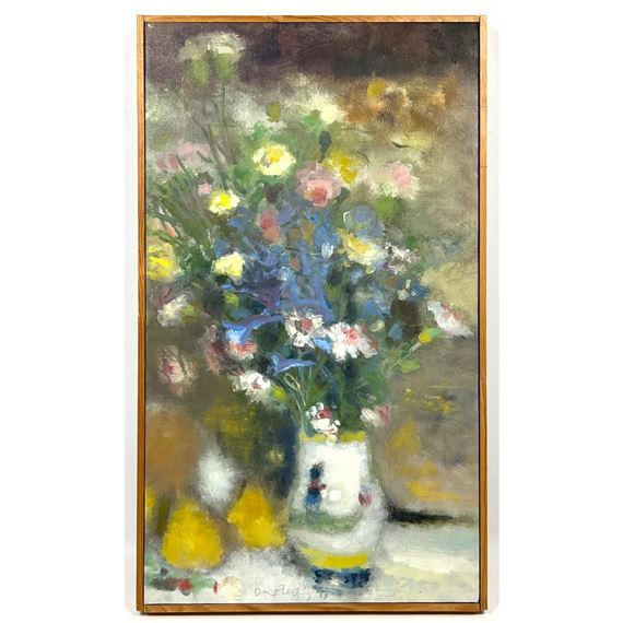 A vibrant floral bouquet in a patterned vase, rendered in an impressionistic style with bold colors and loose brushwork.