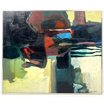 A dynamic abstract painting featuring bold geometric shapes and a vibrant color palette.