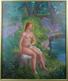 A nude figure sits on a rock in a lush, sun-dappled landscape.