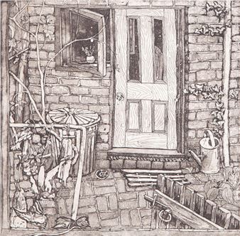 A detailed black-and-white etching of a rustic garden gate.