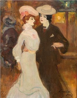 a painting of two women in white dresses and hats