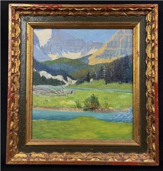 A framed landscape painting of a mountain valley with a river and forest.
