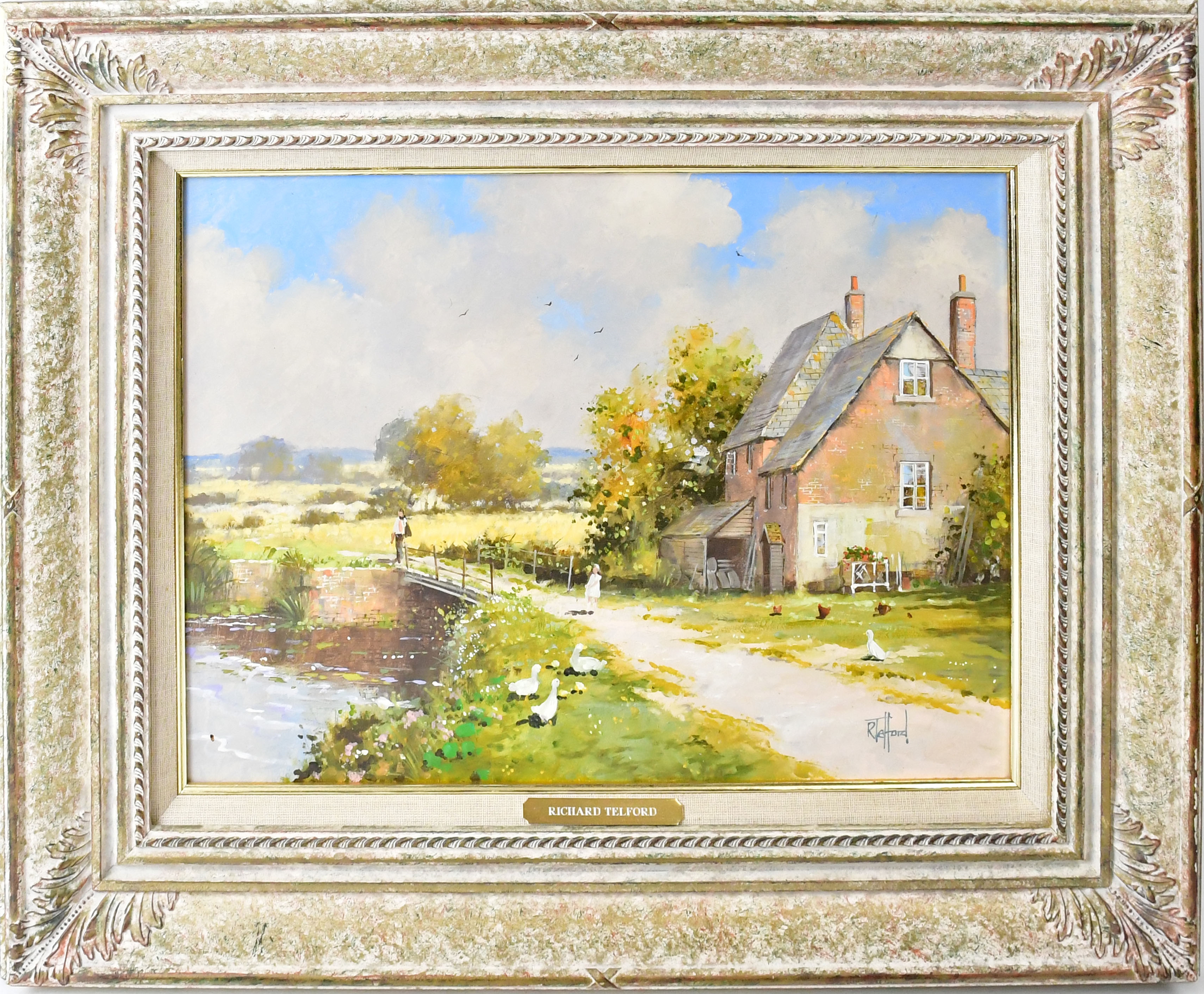 Telford Richard | a cottage next to a stream with figures and ducks ...