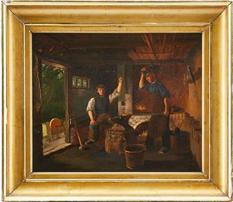 A rustic interior scene featuring two figures in a dimly lit workshop.