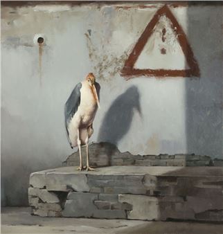 A large bird stands solemnly on a stone ledge beneath a weathered wall marked by a triangular warning sign.