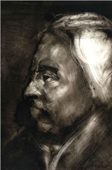 A monochromatic charcoal portrait of a bearded man in profile, rendered with expressive brushstrokes and dramatic lighting.