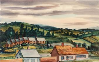 A pastoral watercolor landscape featuring a village nestled in rolling hills under a dramatic sky.