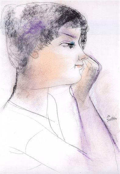A drawing of a woman with her hand on her chin.