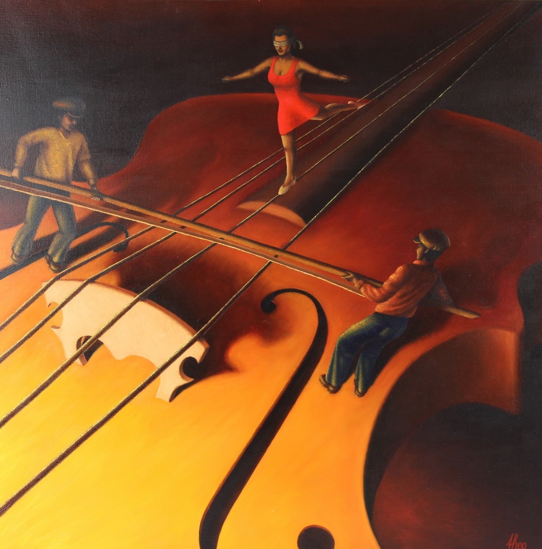 Theo Leering | Woman balancing on violin strings | MutualArt