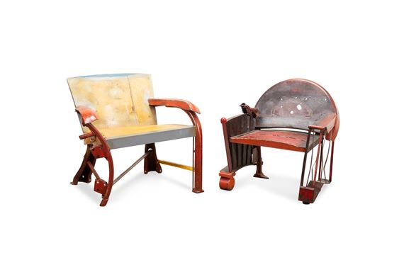 Untitled - Flat Back Chair - 1994, salvaged, painted, and welded metal, artists cypher and date to underside of seat. Untitled - Rounded Back Chair - 1993, salvaged, painted, and welded metal, artists cypher and date to right side of seat - Gordon Chandler