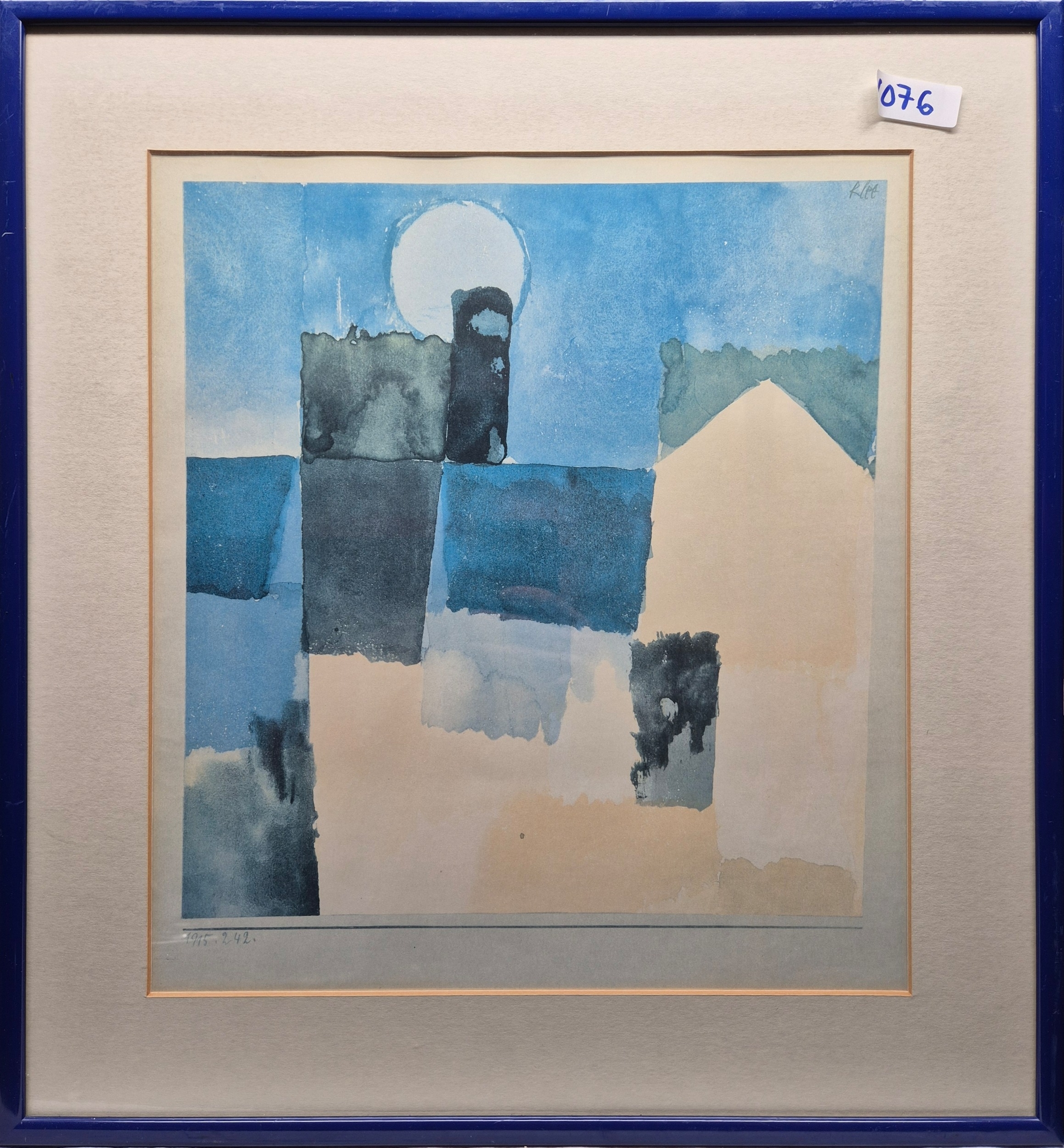 A painting of a blue and white landscape with a moon in the sky.