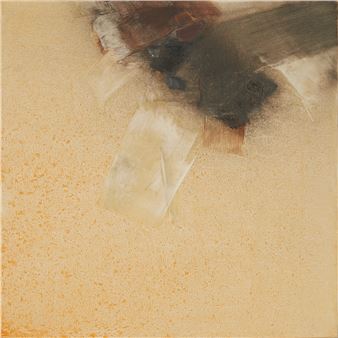 An abstract painting featuring a textured beige background with dark, blurred brushstrokes.