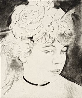 A black and white drawing of a woman with a flower in her hair.
