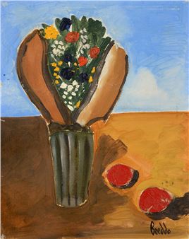 A vibrant still life painting featuring a bouquet of wildflowers in a striped vase against a blue sky.