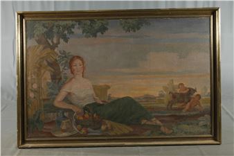 A classical painting of a reclining woman in a pastoral landscape with mythological figures in the distance.