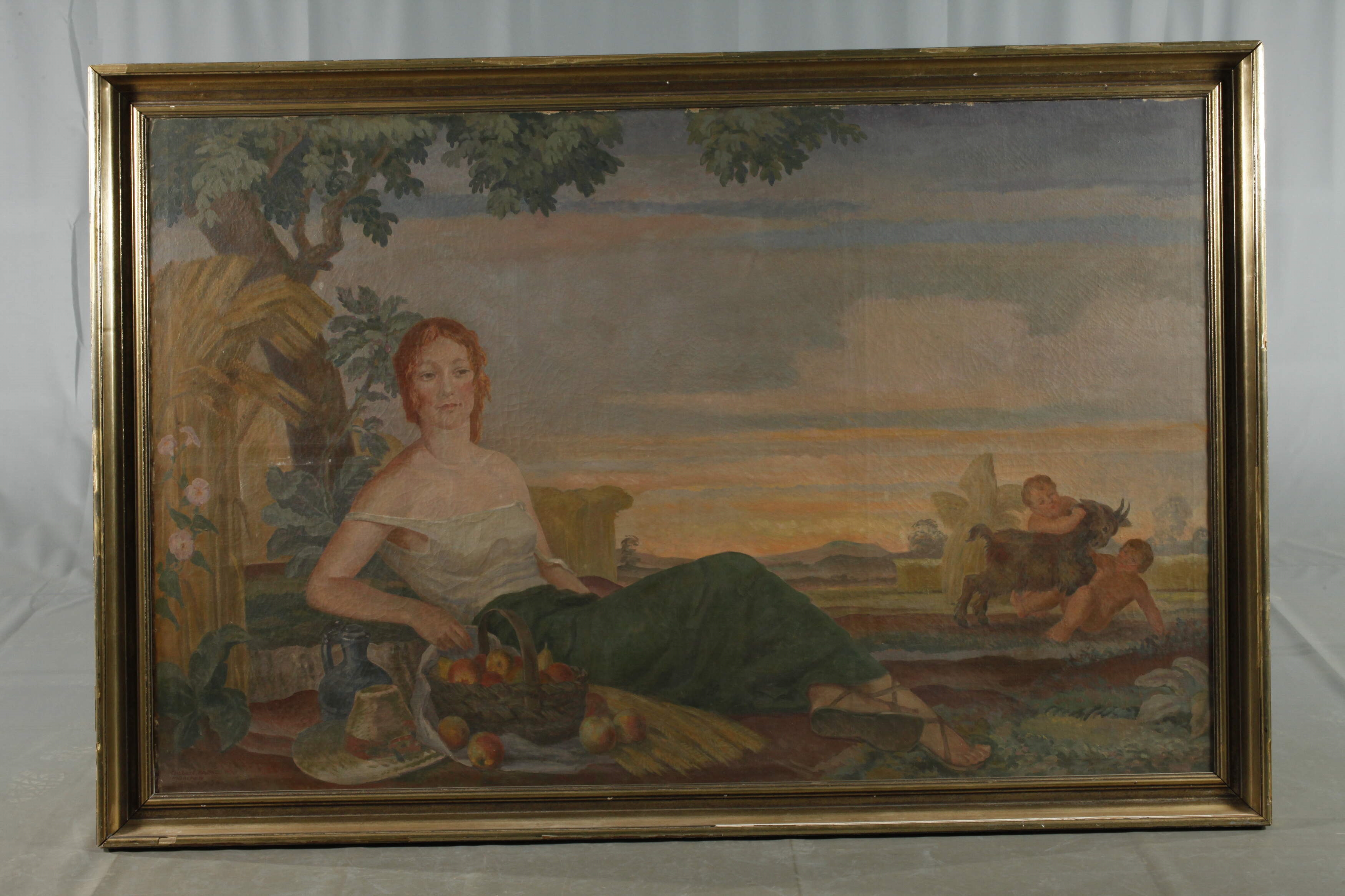 A classical painting of a reclining woman in a pastoral landscape with mythological figures in the distance.