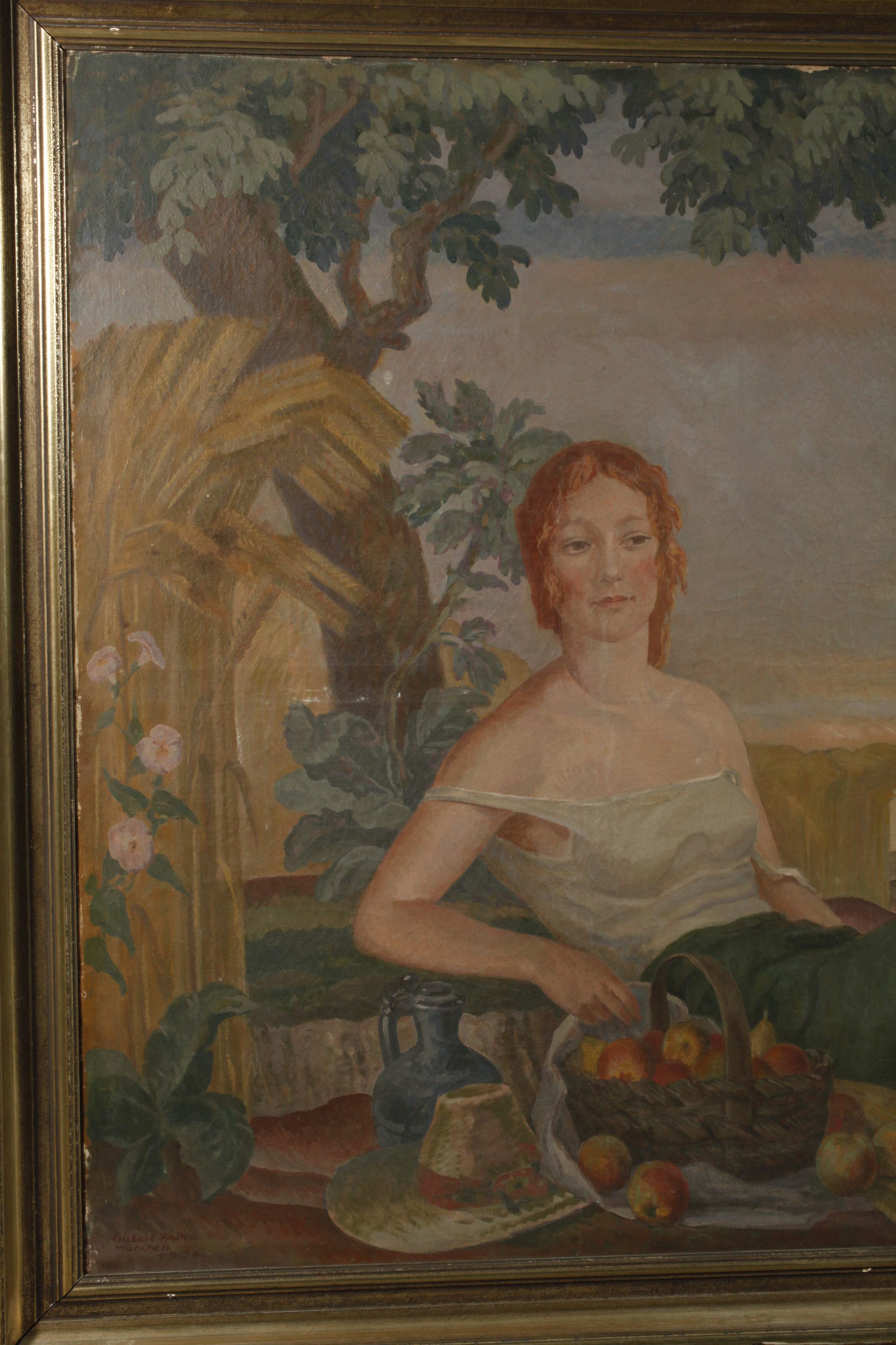 A classical painting of a reclining woman in a pastoral landscape with mythological figures in the distance.