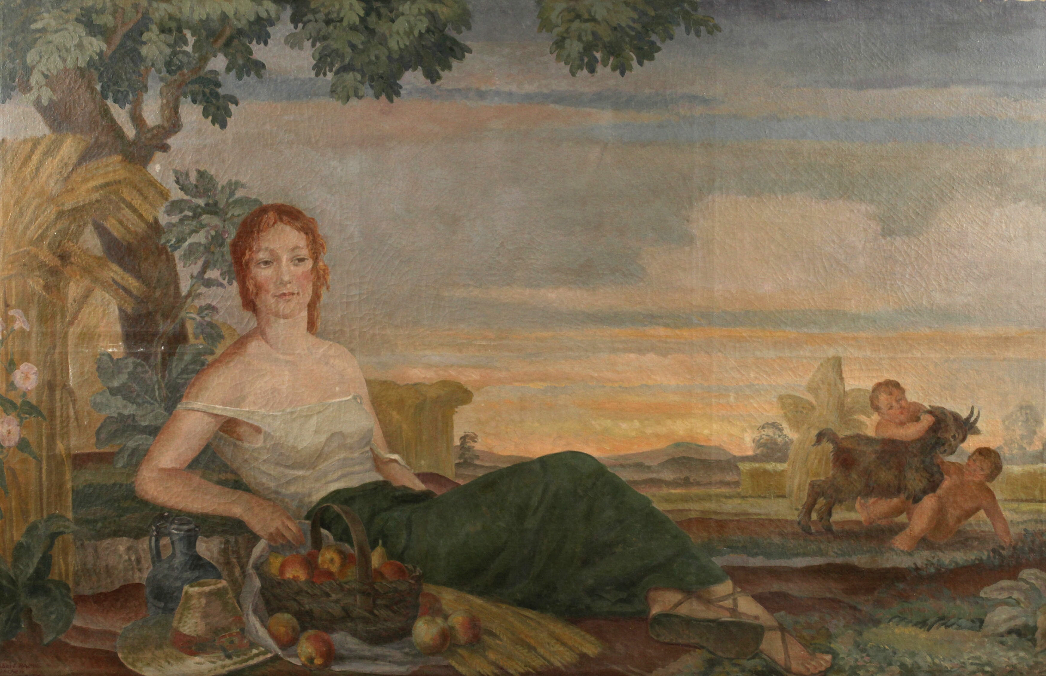 A classical painting of a reclining woman in a pastoral landscape with mythological figures in the distance.