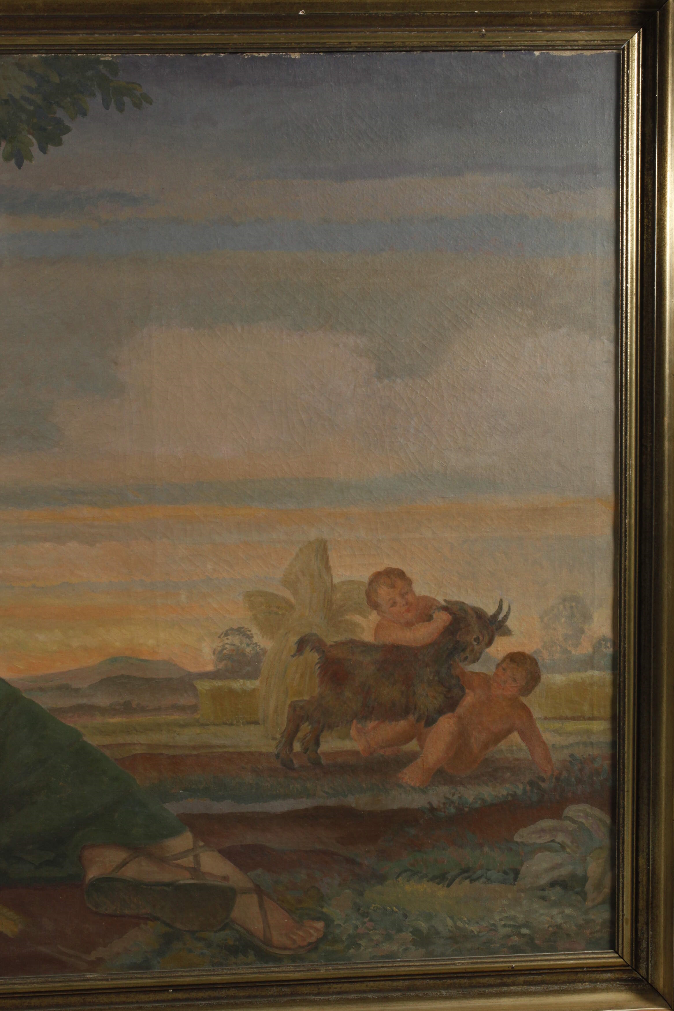 A classical painting of a reclining woman in a pastoral landscape with mythological figures in the distance.
